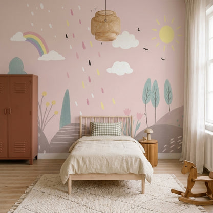Gökkuşağı ve Bulutlu Poster Duvar Kağıdı Pembe Çocuk Odası