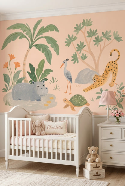 Safari Hayvanlı Poster Duvar Kağıdı Pastel Yeşil Çocuk Odası