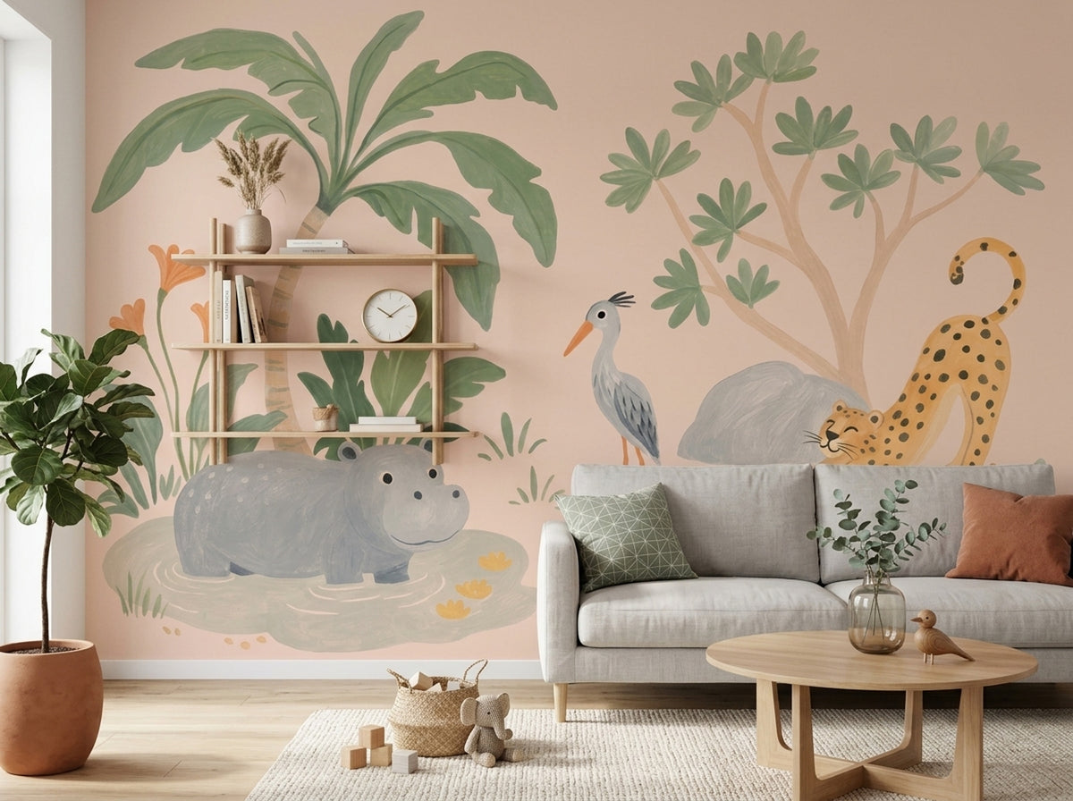 Safari Hayvanlı Poster Duvar Kağıdı Pastel Yeşil Çocuk Odası