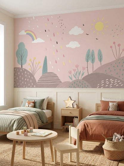Gökkuşağı ve Bulutlu Poster Duvar Kağıdı Pembe Çocuk Odası