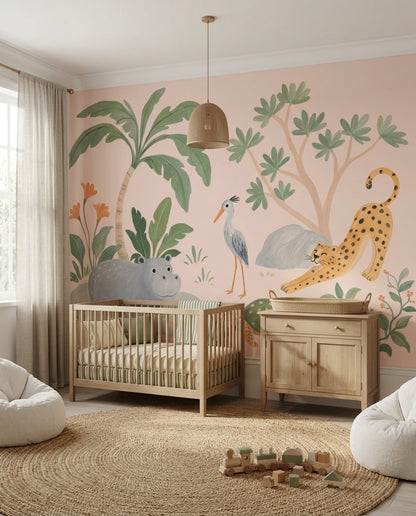 Safari Hayvanlı Poster Duvar Kağıdı Pastel Yeşil Çocuk Odası