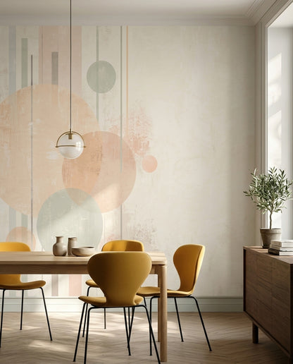 Pastel Geometrik Daireli Poster Duvar Kağıdı Bej Yatak Odası
