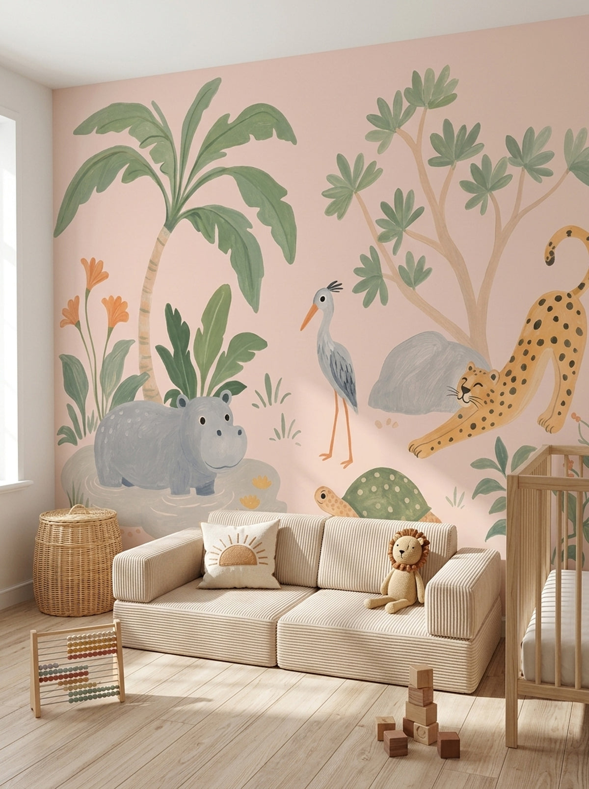 Safari Hayvanlı Poster Duvar Kağıdı Pastel Yeşil Çocuk Odası