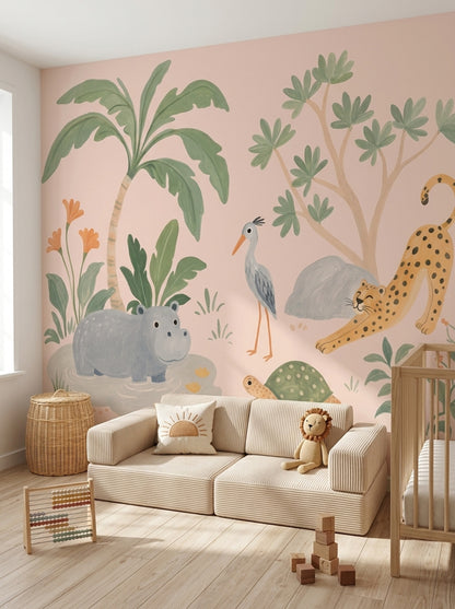 Safari Hayvanlı Poster Duvar Kağıdı Pastel Yeşil Çocuk Odası