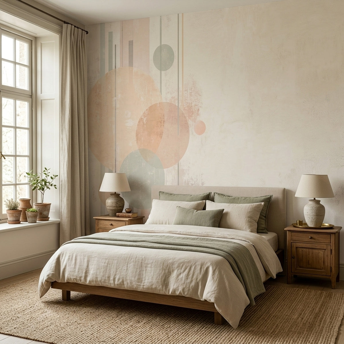 Pastel Geometrik Daireli Poster Duvar Kağıdı Bej Yatak Odası