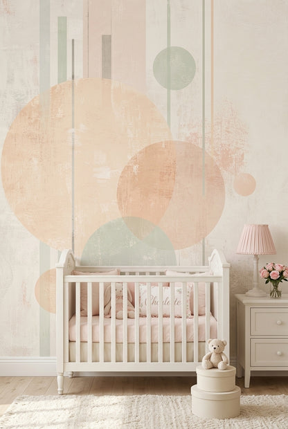 Pastel Geometrik Daireli Poster Duvar Kağıdı Bej Yatak Odası