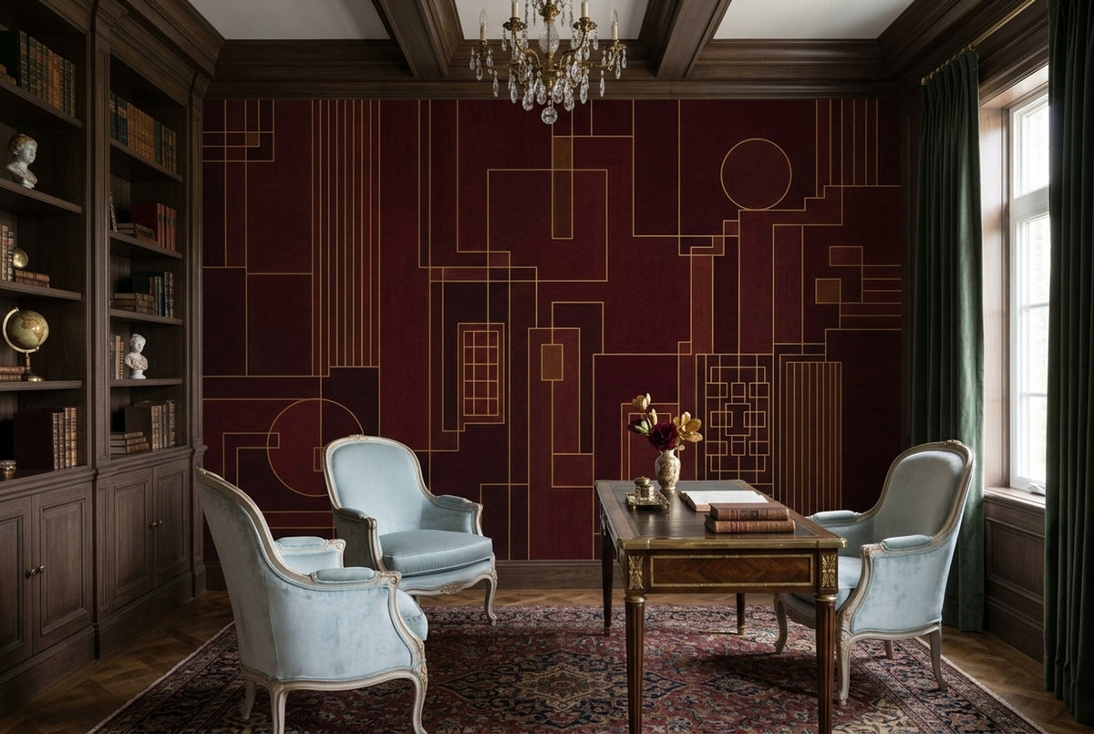 Bordo Geometrik Çizgili Poster Duvar Kağıdı Altın Detaylı Yatak Odası