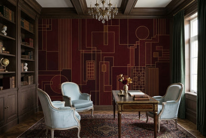 Bordo Geometrik Çizgili Poster Duvar Kağıdı Altın Detaylı Yatak Odası