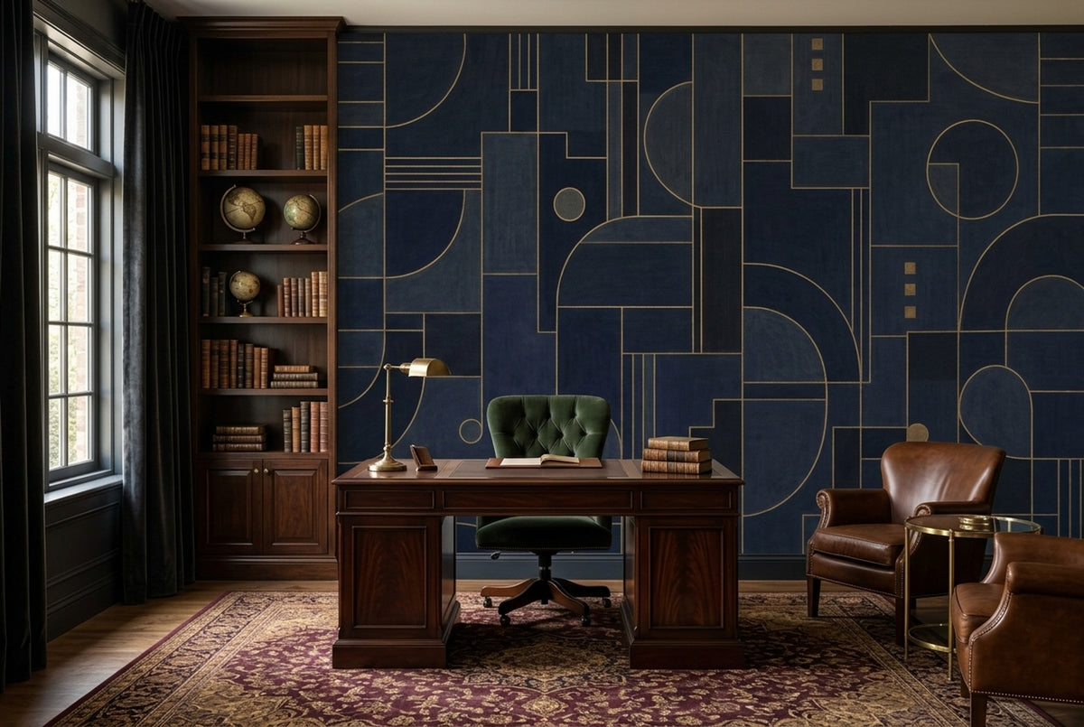 Geometrik Çizgili Poster Duvar Kağıdı Lacivert Gold Desen