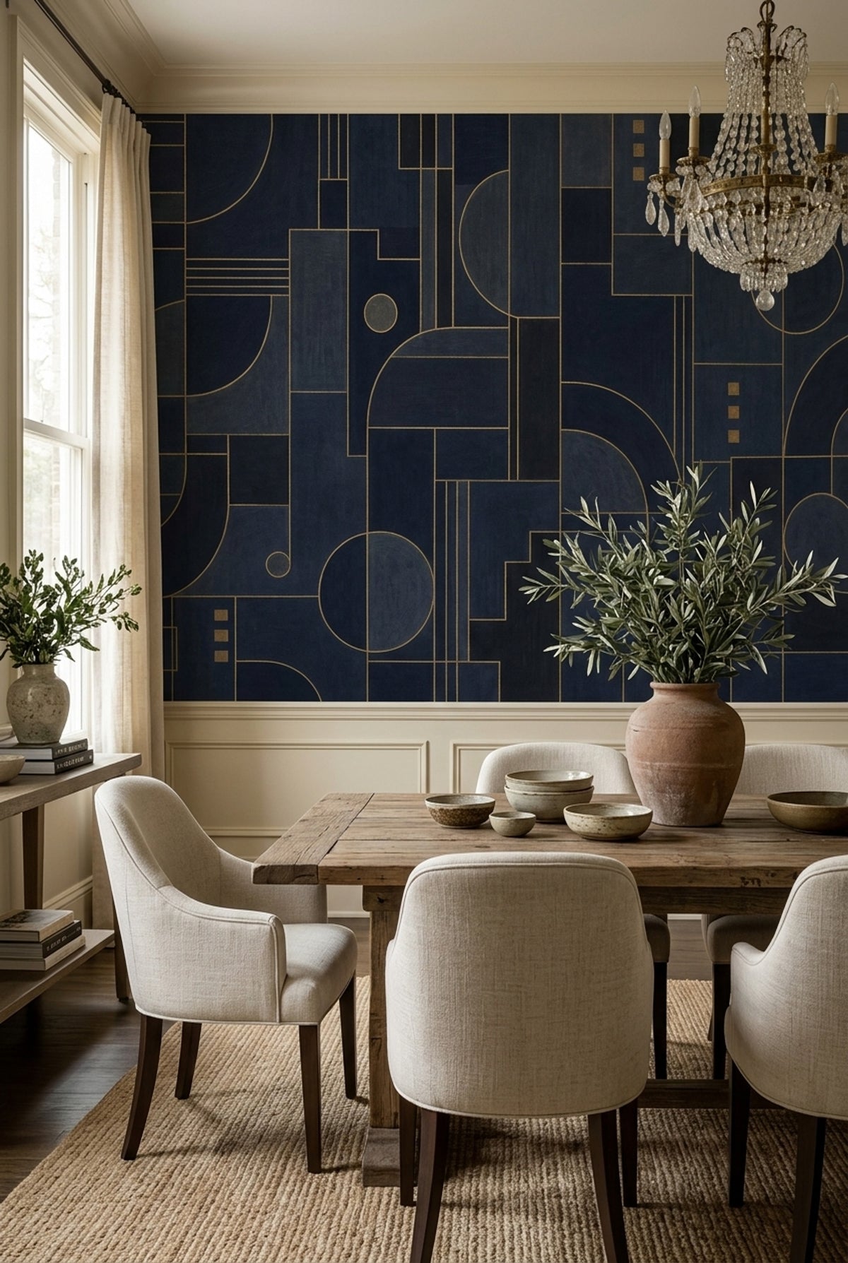 Geometrik Çizgili Poster Duvar Kağıdı Lacivert Gold Desen