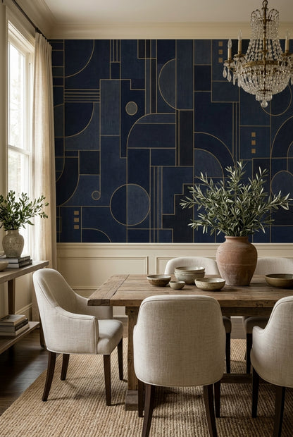 Geometrik Çizgili Poster Duvar Kağıdı Lacivert Gold Desen