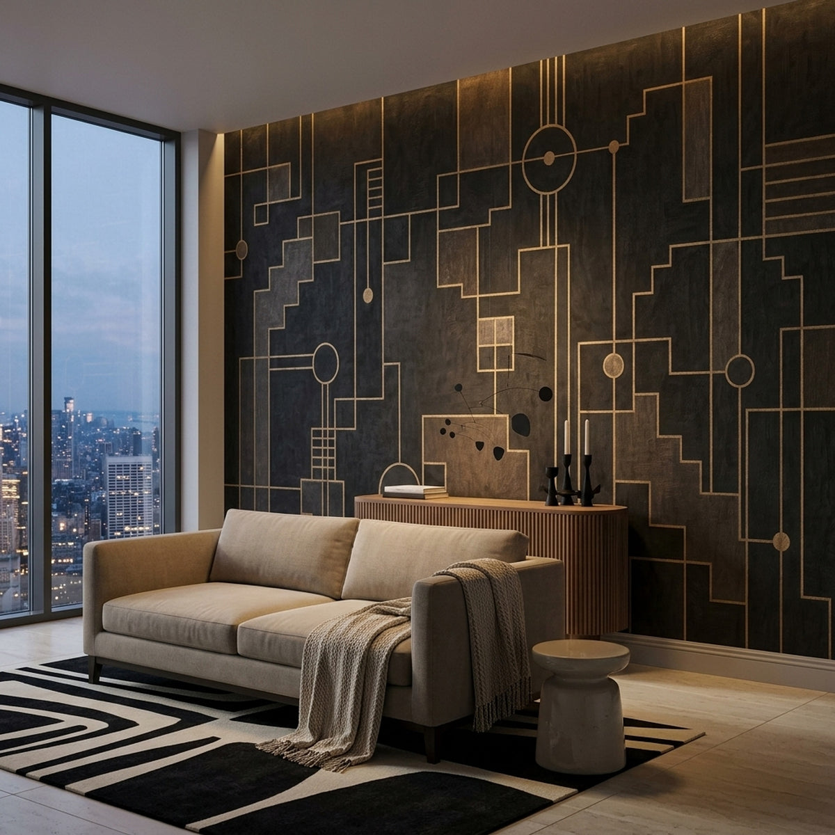 Altın Çizgili Geometrik Poster Duvar Kağıdı Siyah Salon