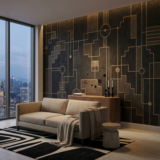 Altın Çizgili Geometrik Poster Duvar Kağıdı Siyah Salon