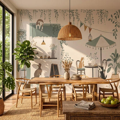 Kedili Kafe Sahnesi Poster Duvar Kağıdı Yeşil Çocuk Odası