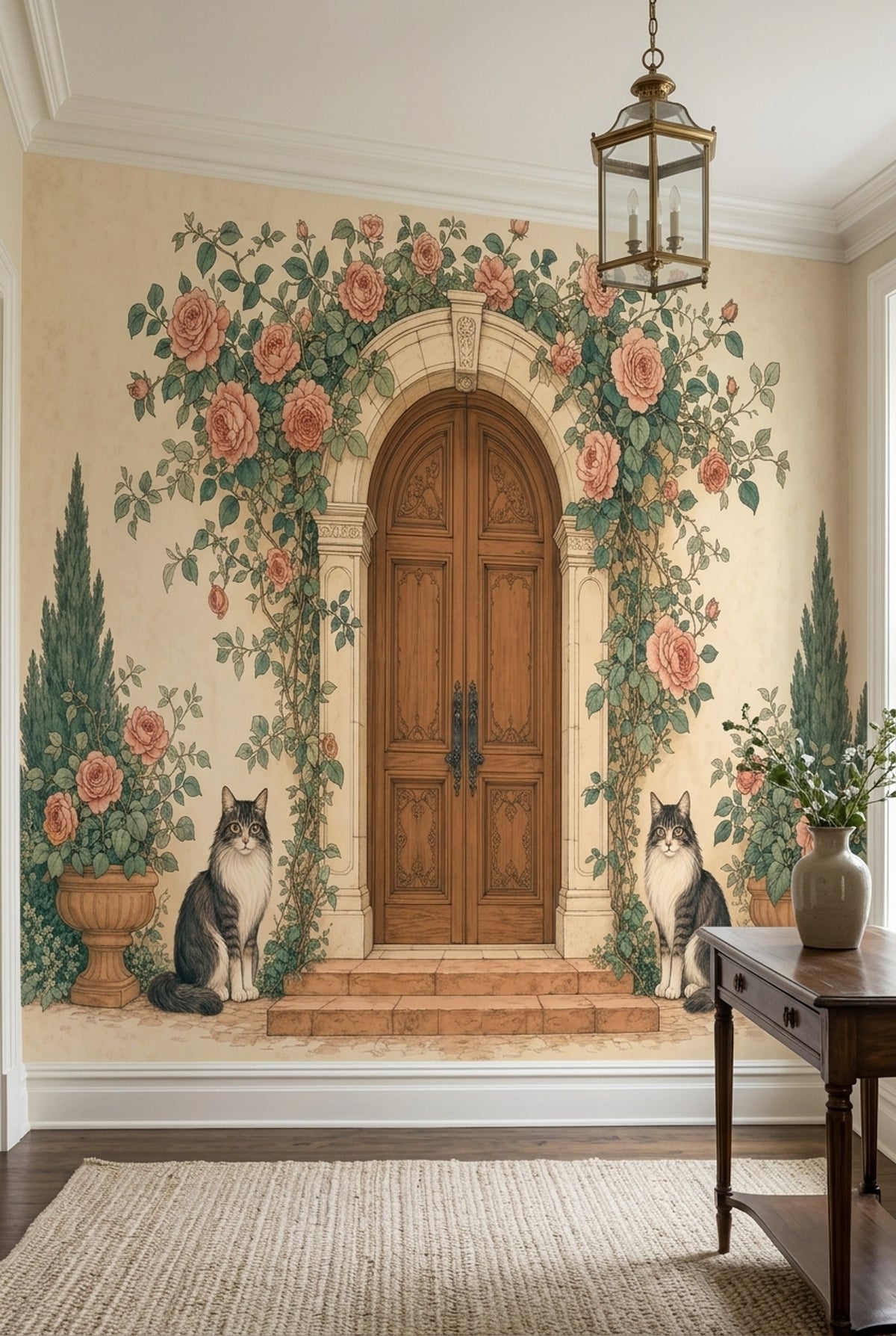 Güllü Kemer Kapı Poster Duvar Kağıdı Pembe Yeşil Salon