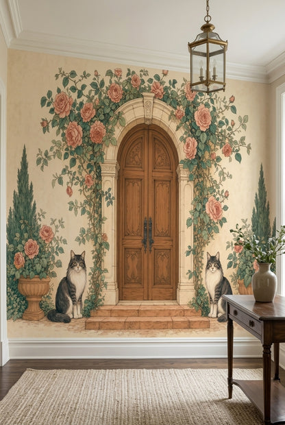 Güllü Kemer Kapı Poster Duvar Kağıdı Pembe Yeşil Salon