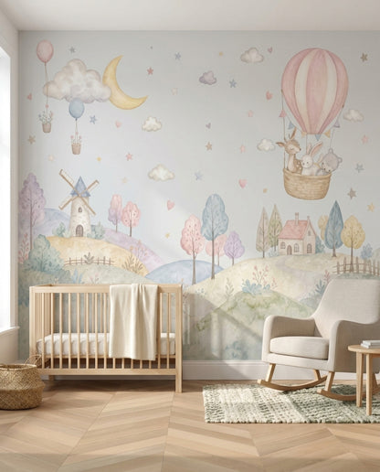 Balonlu Orman Temalı Poster Duvar Kağıdı Pastel Çocuk Odası