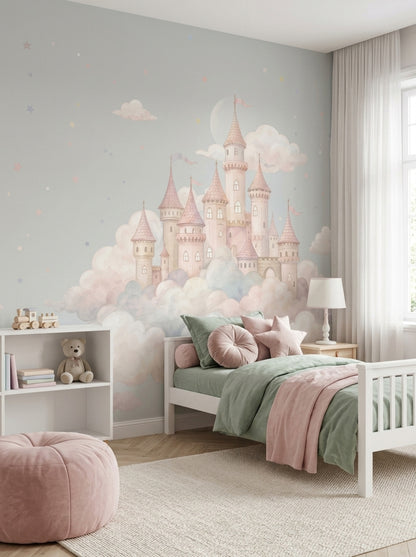 Bulutlar Üstünde Şato Poster Duvar Kağıdı Pastel Çocuk Odası