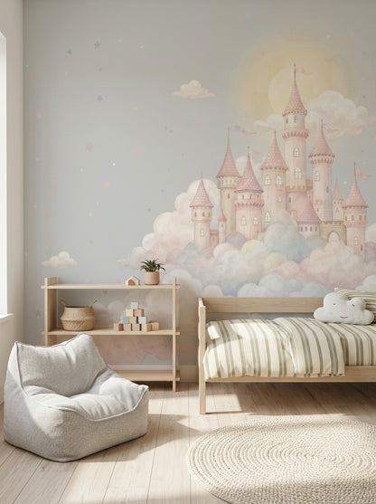 Bulutlar Üstünde Şato Poster Duvar Kağıdı Pastel Çocuk Odası