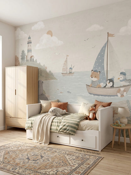 Denizci Hayvanlar Poster Duvar Kağıdı Pastel Çocuk Odası