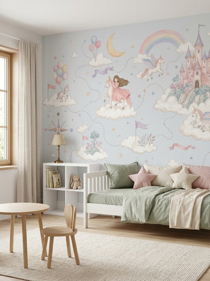 Unicornlu Masal Poster Duvar Kağıdı Pastel Çocuk Odası