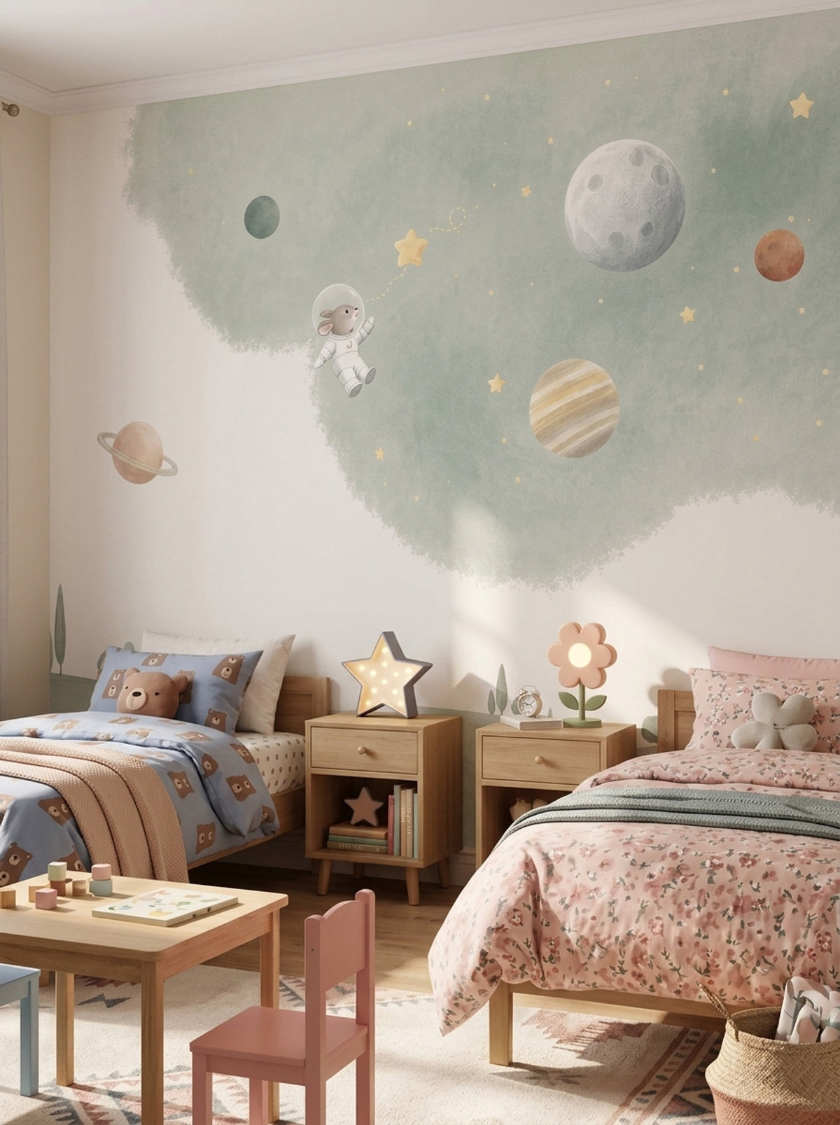 Astronot Tavşan Uzay Poster Duvar Kağıdı Mint Yeşil Bebek Odası