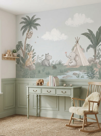 Safari Hayvanlı Poster Duvar Kağıdı Pastel Yeşil Çocuk Odası