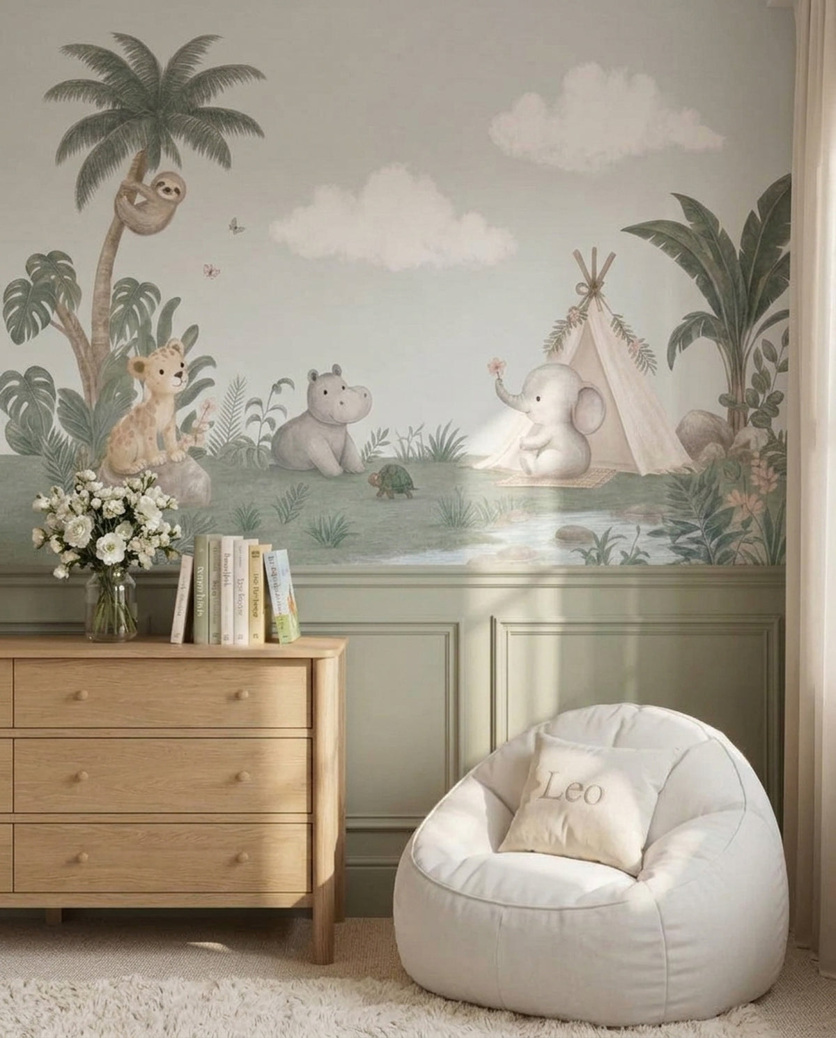 Safari Hayvanlı Poster Duvar Kağıdı Pastel Yeşil Çocuk Odası