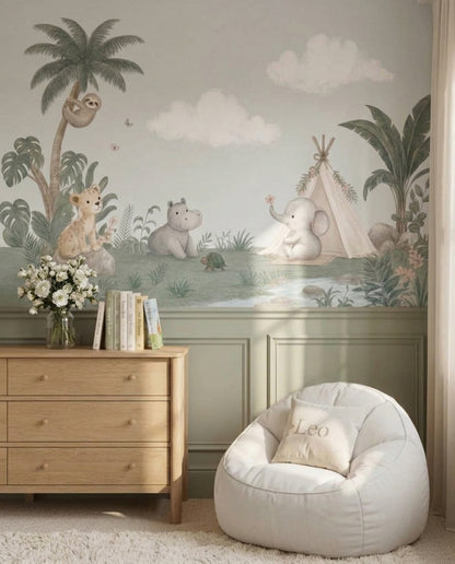 Safari Hayvanlı Poster Duvar Kağıdı Pastel Yeşil Çocuk Odası