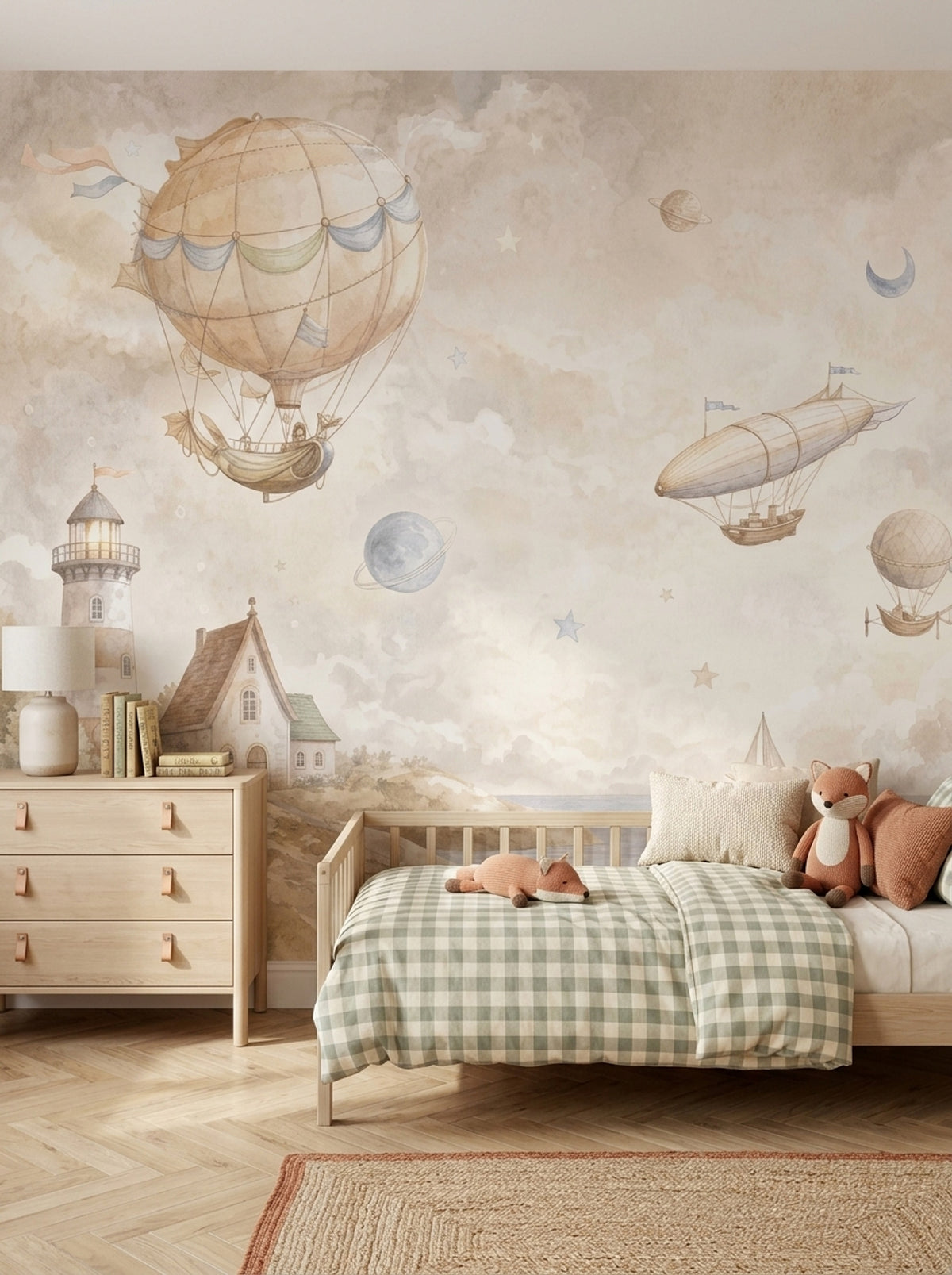 Balon ve Deniz Manzaralı Poster Duvar Kağıdı Bej Çocuk Odası
