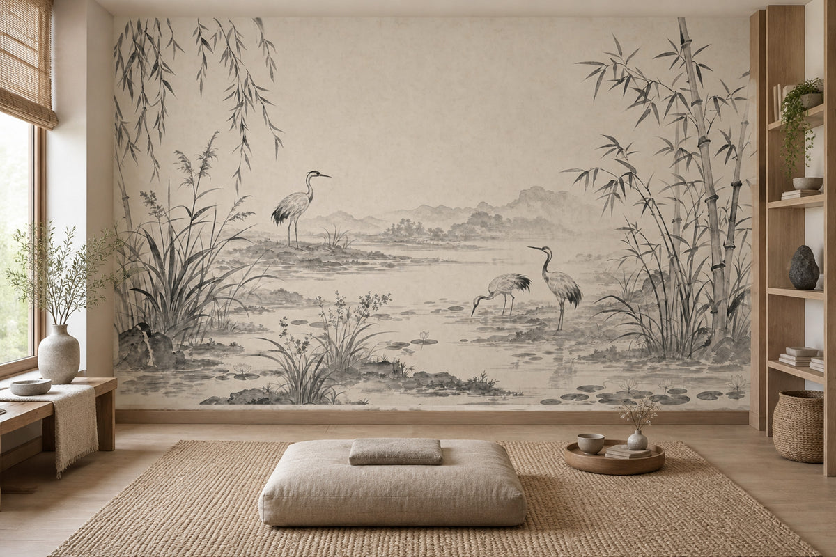 Turna Kuşlu Bambu Desenli Poster Duvar Kağıdı Gri Bej Salon