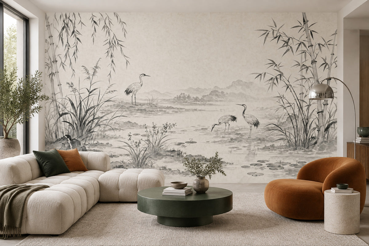 Turna Kuşlu Bambu Desenli Poster Duvar Kağıdı Gri Bej Salon