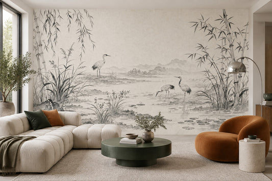Turna Kuşlu Bambu Desenli Poster Duvar Kağıdı Gri Bej Salon