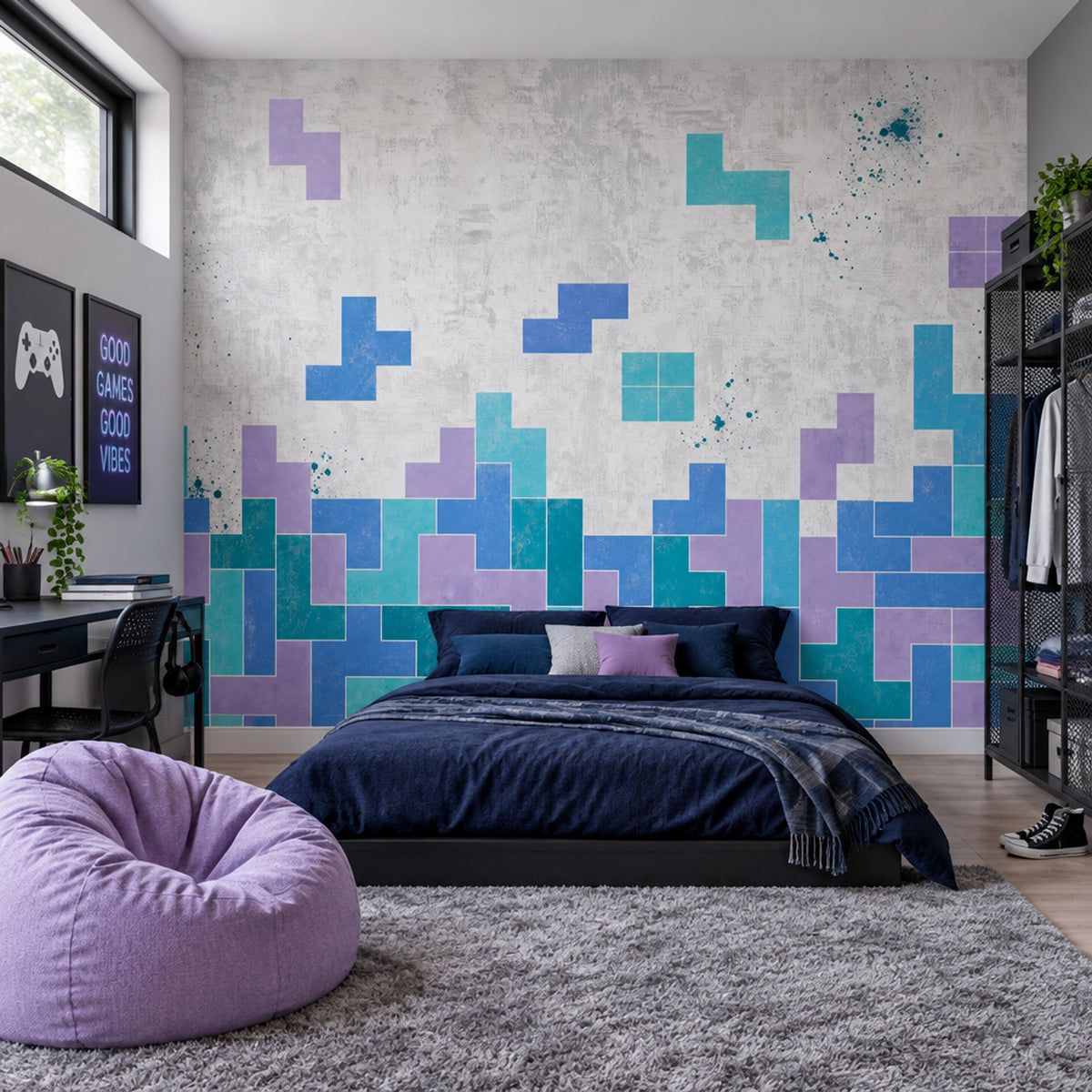 Geometrik Blok Desenli Poster Duvar Kağıdı Mavi Turkuaz Salon
