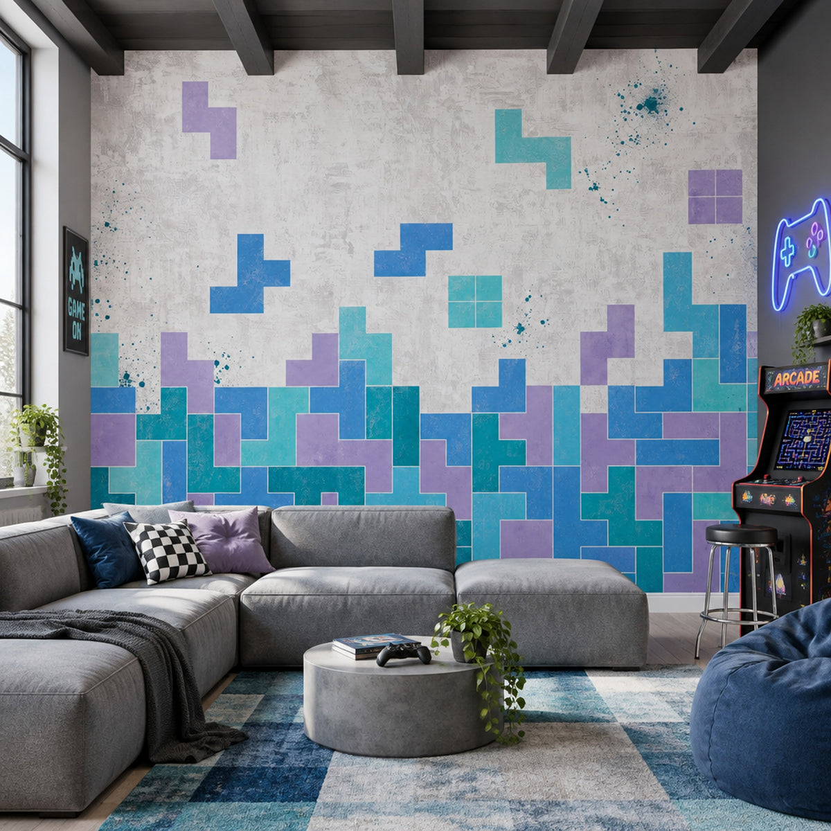 Geometrik Blok Desenli Poster Duvar Kağıdı Mavi Turkuaz Salon