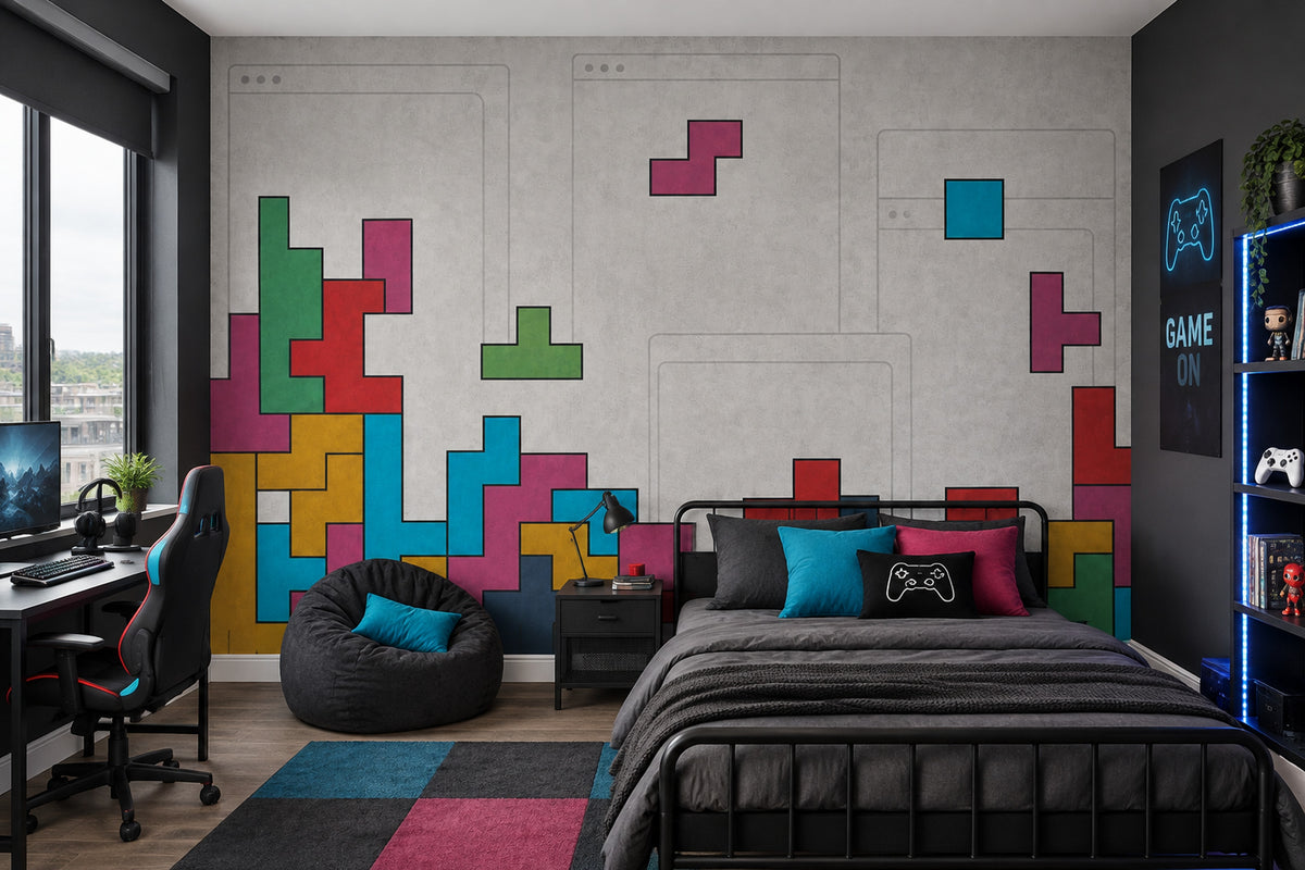 Renkli Tetris Bloklu Poster Duvar Kağıdı Genç Odası