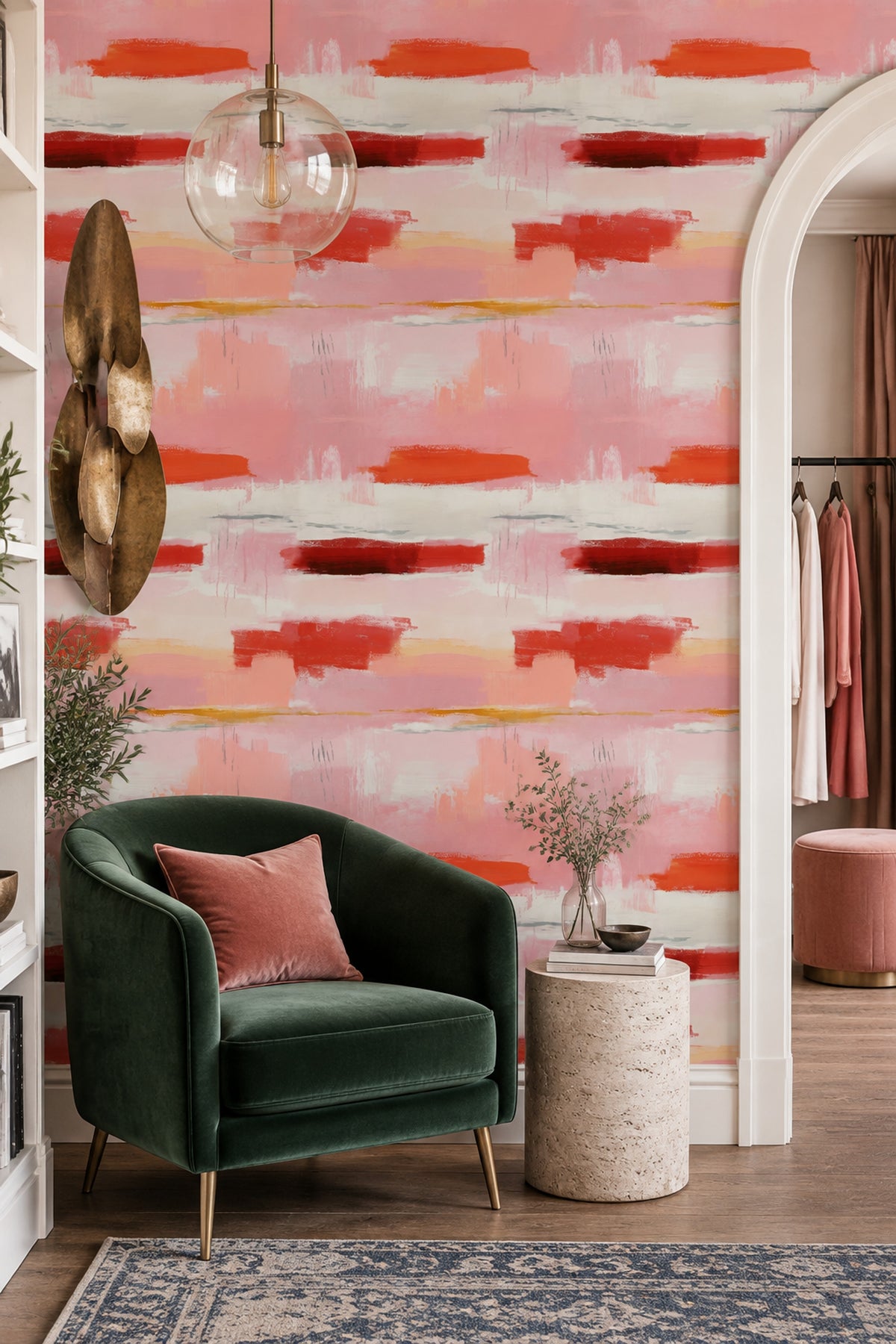Soyut Fırça Darbeli Duvar Kağıdı Pembe Kırmızı Salon