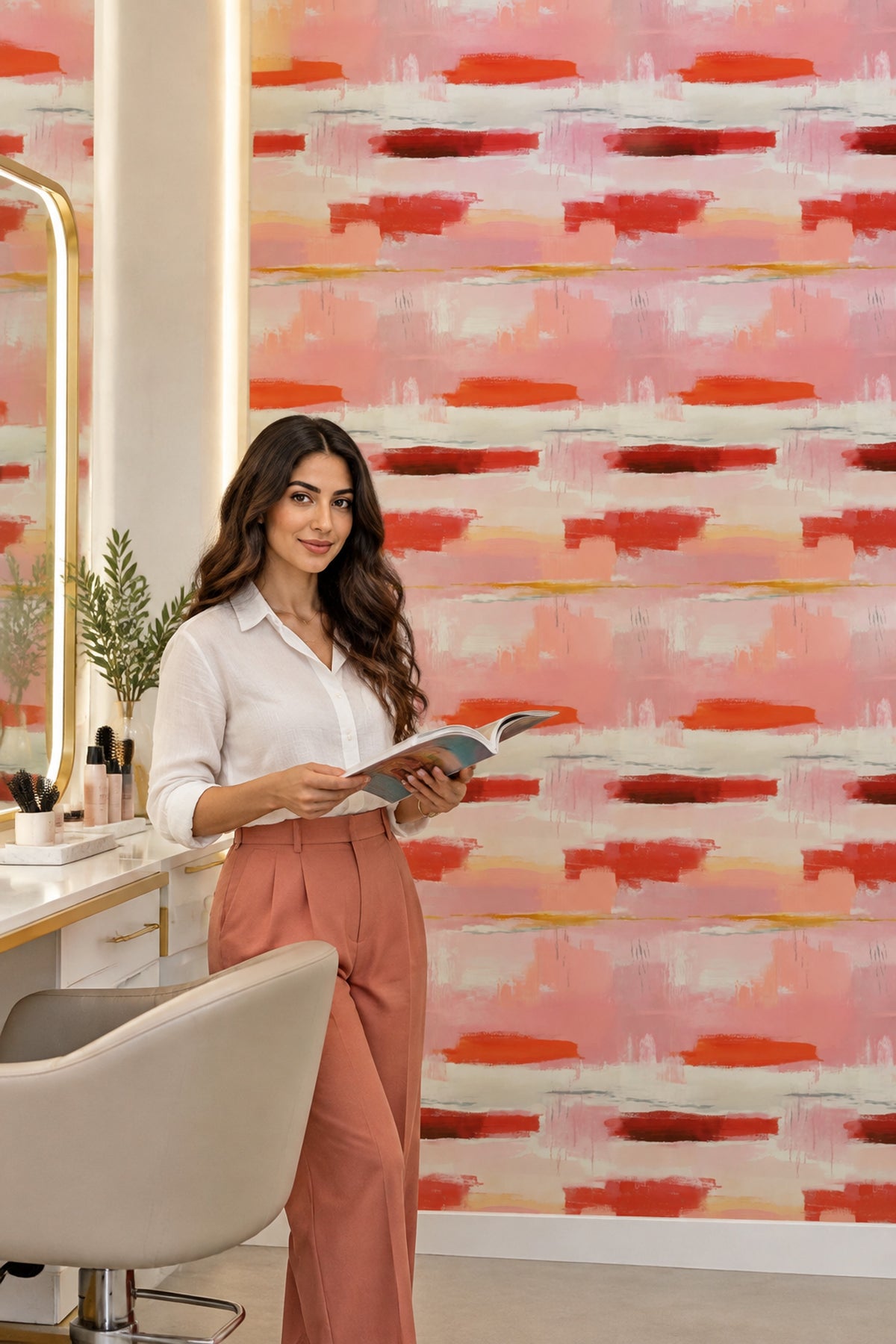 Soyut Fırça Darbeli Duvar Kağıdı Pembe Kırmızı Salon