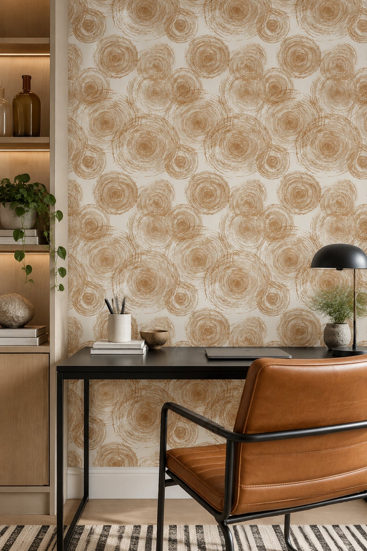 Dairesel Fırça İzli Duvar Kağıdı Bej Modern Desenli