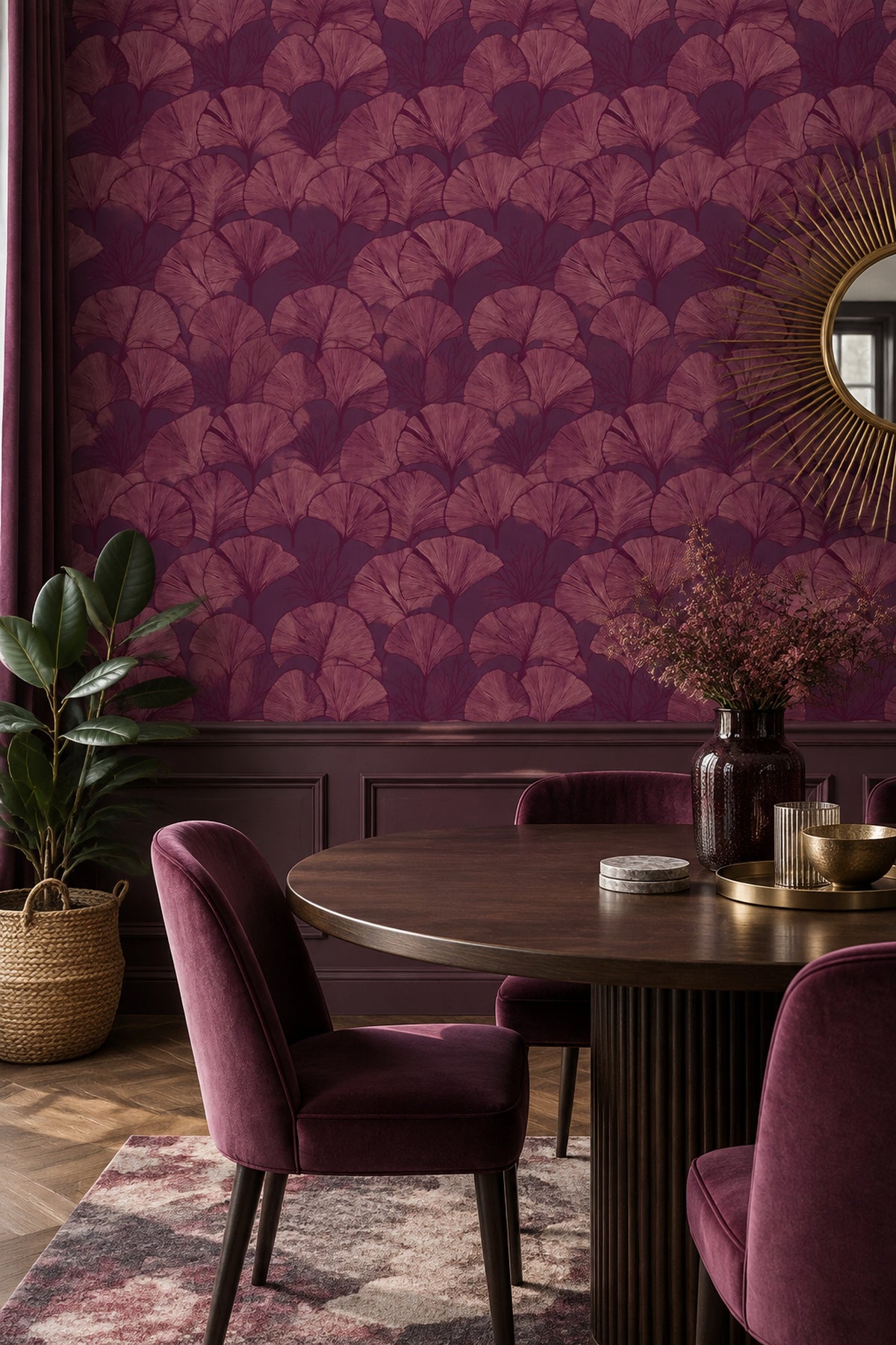 Ginkgo Yapraklı Duvar Kağıdı Bordo Desenli Yatak Odası