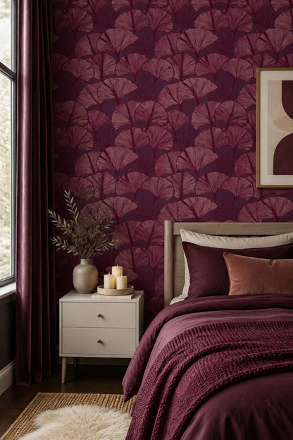 Ginkgo Yapraklı Duvar Kağıdı Bordo Desenli Yatak Odası