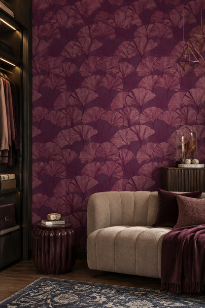 Ginkgo Yapraklı Duvar Kağıdı Bordo Desenli Yatak Odası