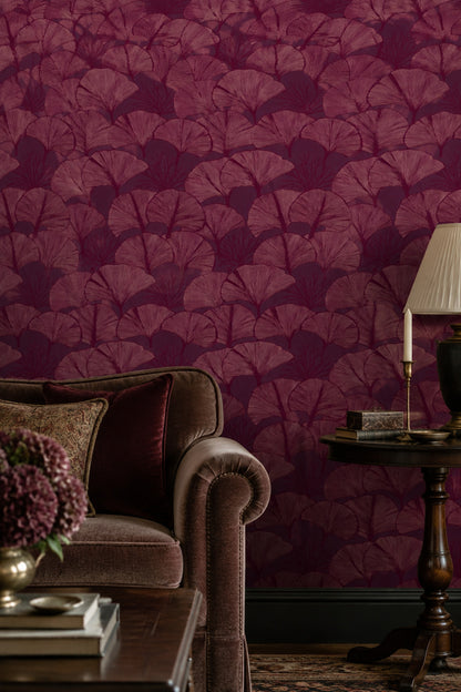 Ginkgo Yapraklı Duvar Kağıdı Bordo Desenli Yatak Odası