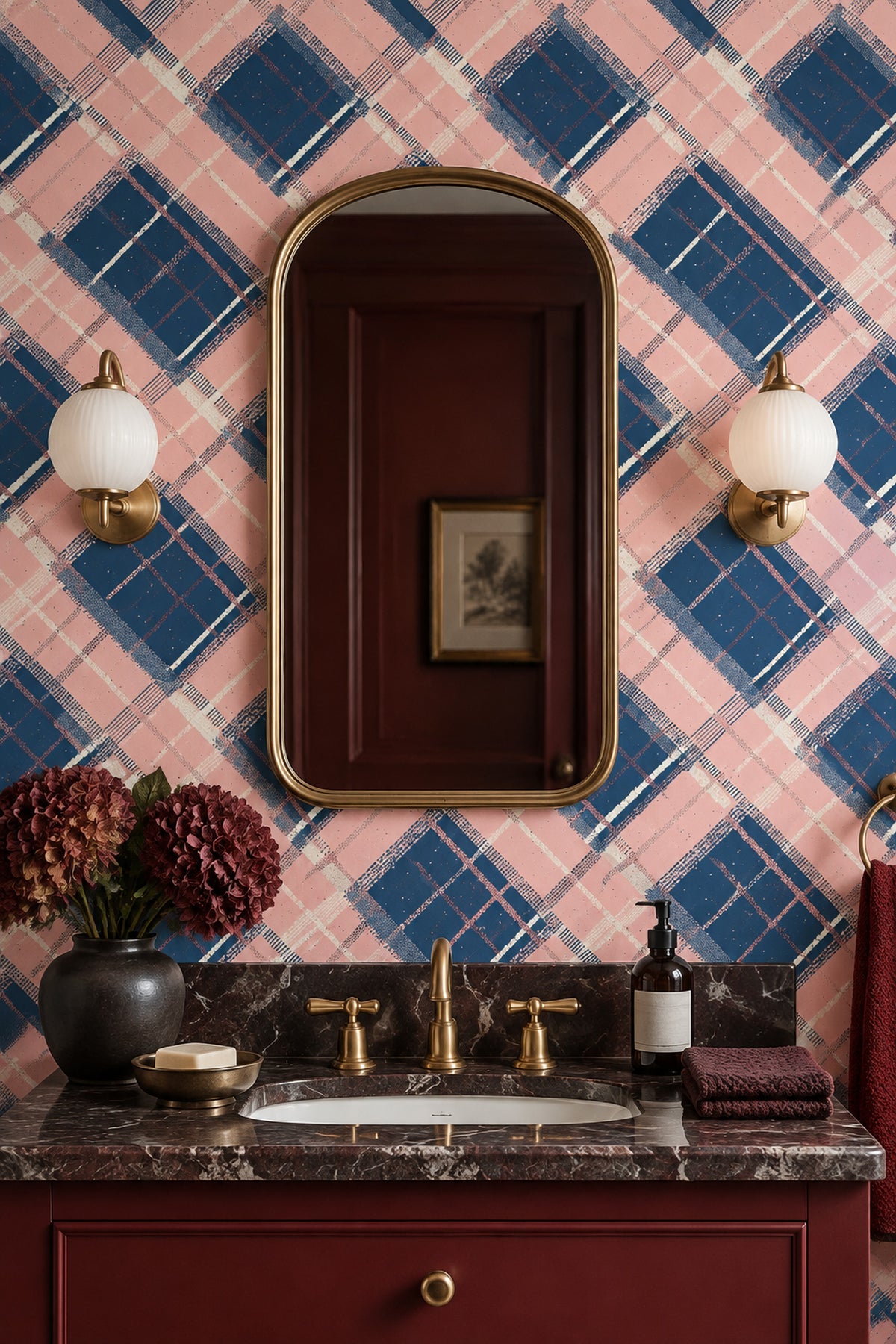 Lacivert Pembe Ekose Desenli Duvar Kağıdı Modern Salon