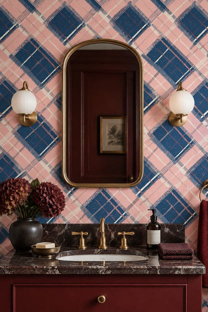 Lacivert Pembe Ekose Desenli Duvar Kağıdı Modern Salon
