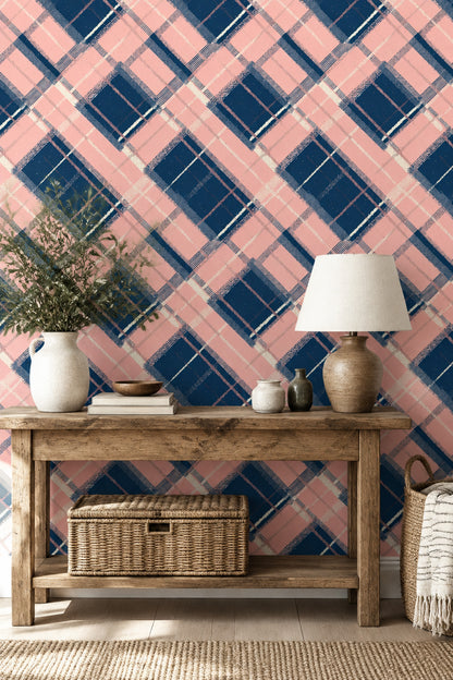 Lacivert Pembe Ekose Desenli Duvar Kağıdı Modern Salon