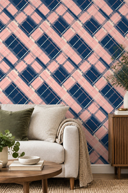 Lacivert Pembe Ekose Desenli Duvar Kağıdı Modern Salon