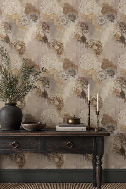 Mandala Desenli Duvar Kağıdı Bej Kahverengi Vintage Salon