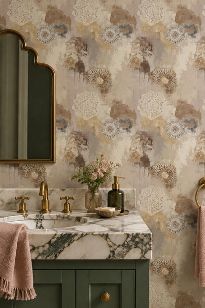 Mandala Desenli Duvar Kağıdı Bej Kahverengi Vintage Salon