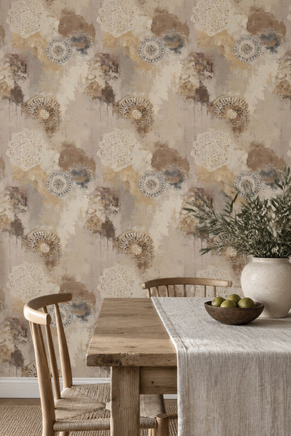 Mandala Desenli Duvar Kağıdı Bej Kahverengi Vintage Salon